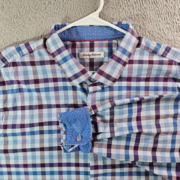 Tommy Bahama Shirt Men XXL Flip Cuff Button Up Long Sleeve Blue Purple Plaid - Picture 1 of 9